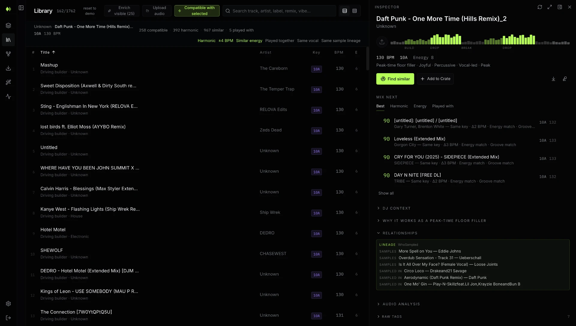 Smart Crates library view: track table with key, BPM and energy alongside an inspector showing arrangement and Mix Next candidates